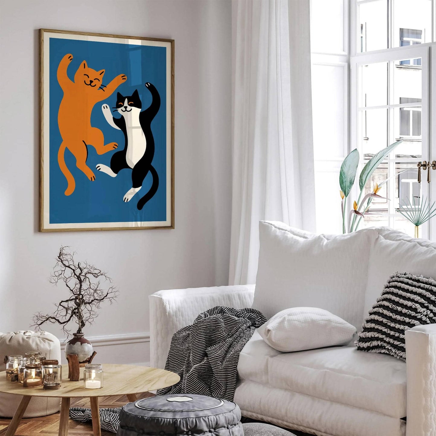 Playful Cats Wall Art – Blue Background Poster