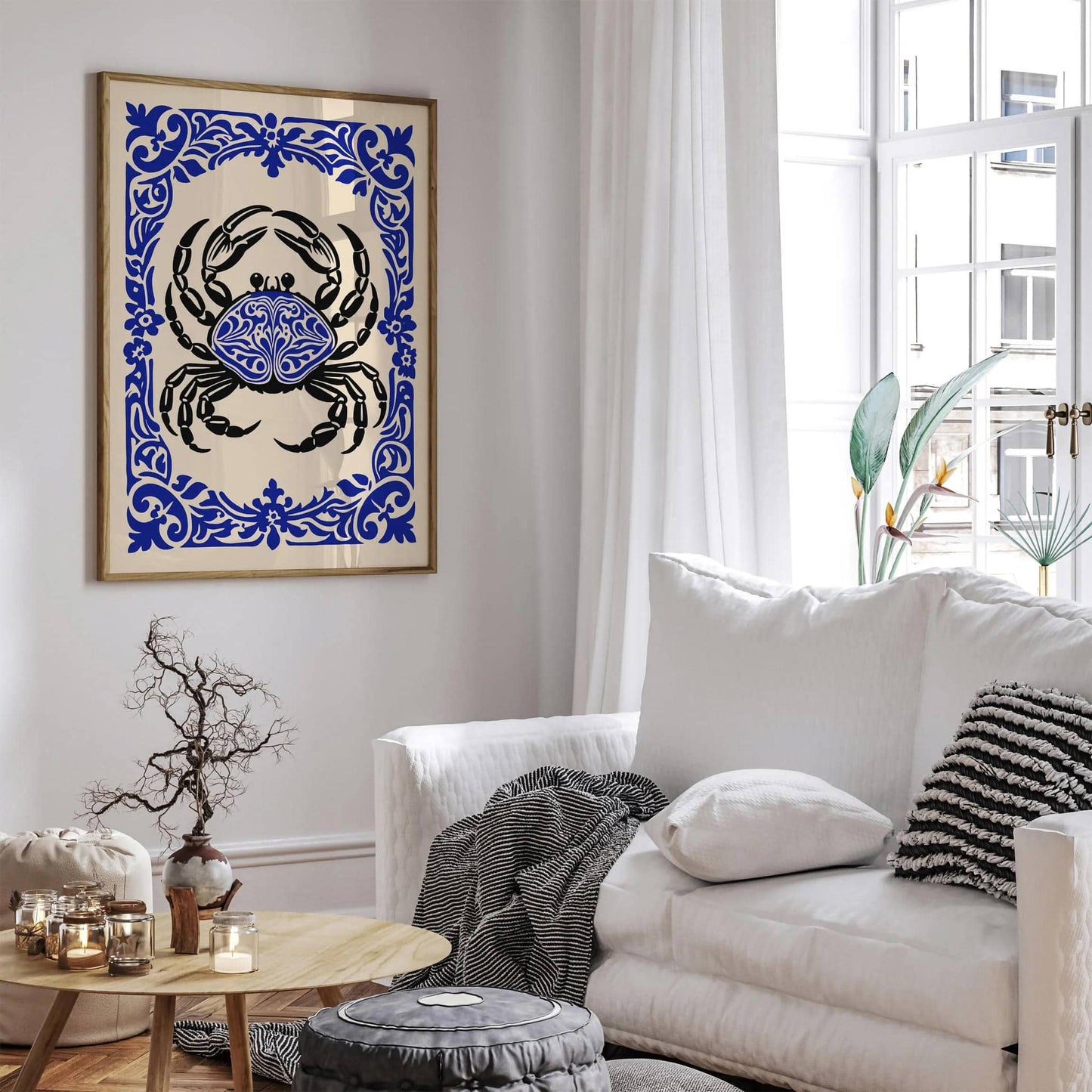Blue Floral Crab Animal Poster in Rococo Style