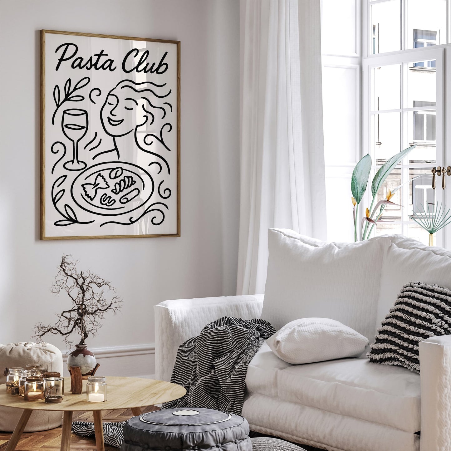 Pasta Club Poster - BW Line Art Italian Food Art Print