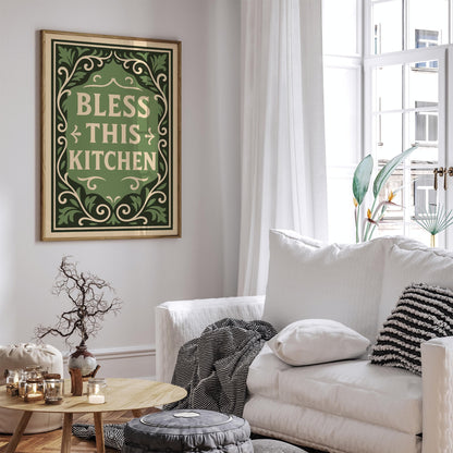 Green Kitchen Poster - Bless This Kitchen Art