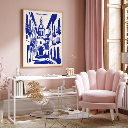 Barcelona Cityscape Blue Poster