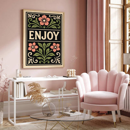 Enjoy Quote Poster, Black Rococo Floral Art Print
