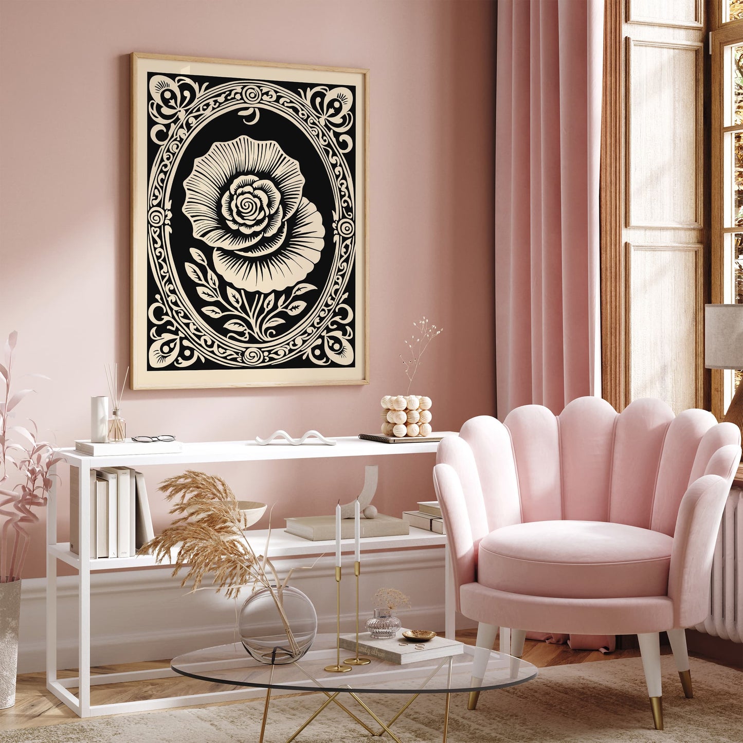 Black Rococo Revival Rose Flower Poster