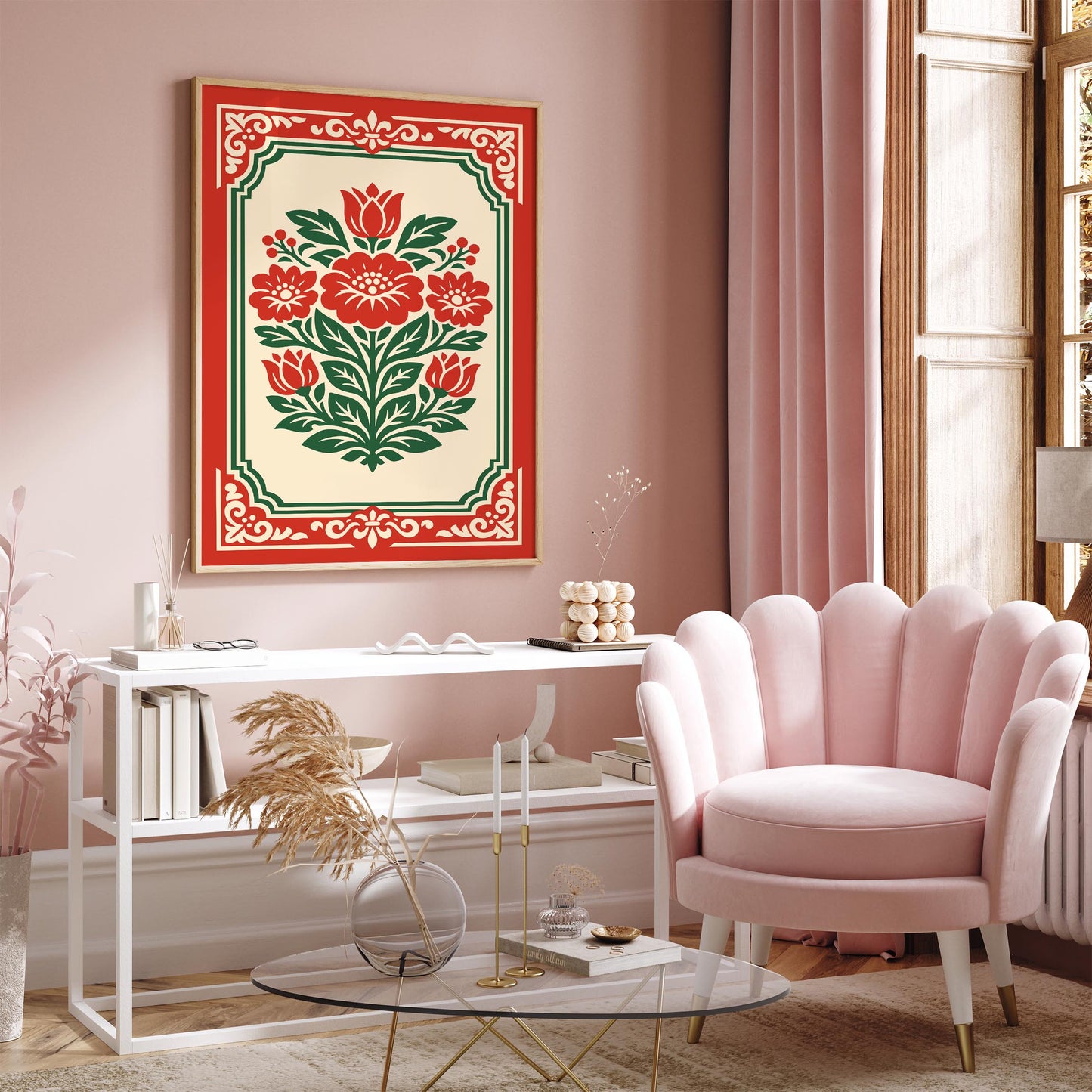 Red Rococo Floral Wall Art Print