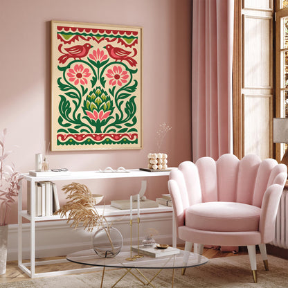 Talavera Artichoke & Birds Poster – Mexican Folk Art