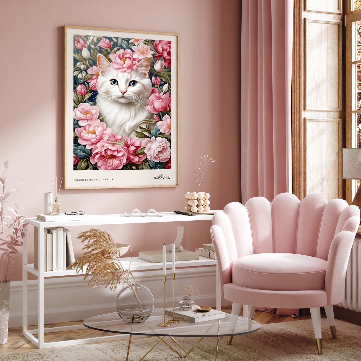 Cat in Pink Flowers Cute Art Print