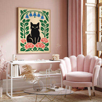 Black Cat Floral Poster