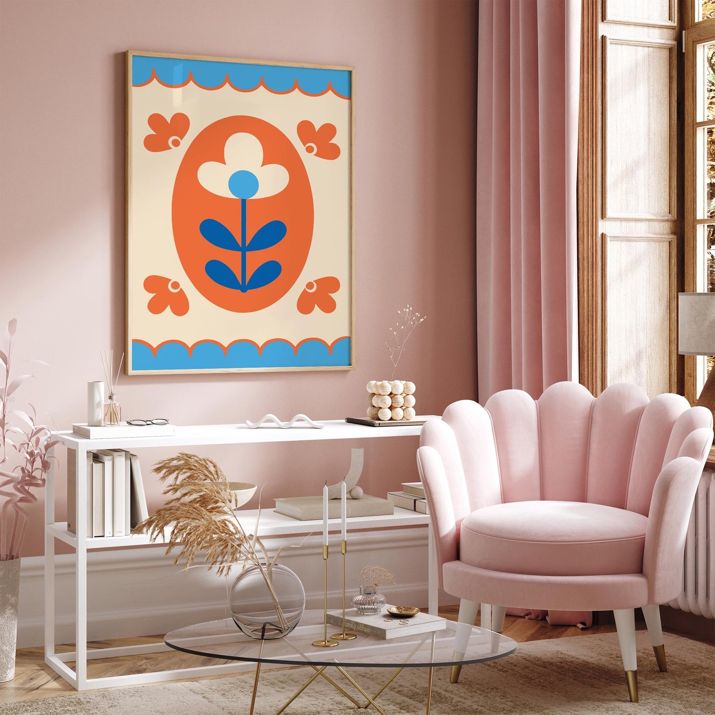 Folk Flower Poster - Blue and Orange Floral Print