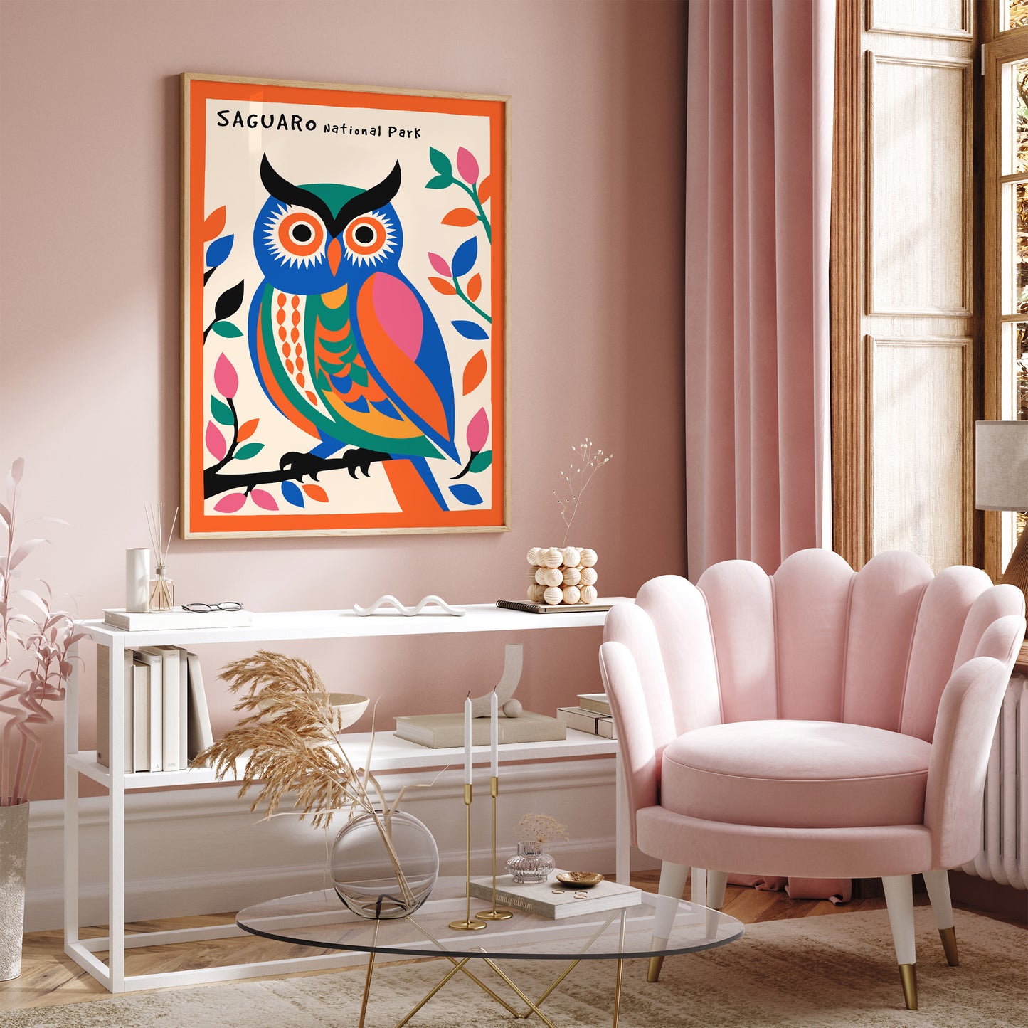 Saguaro National Park Colorful Poster with Cute Owl