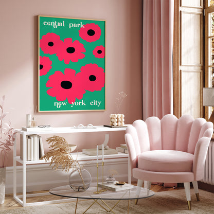 NYC Central Park Pop Art Pink Flowers Poster