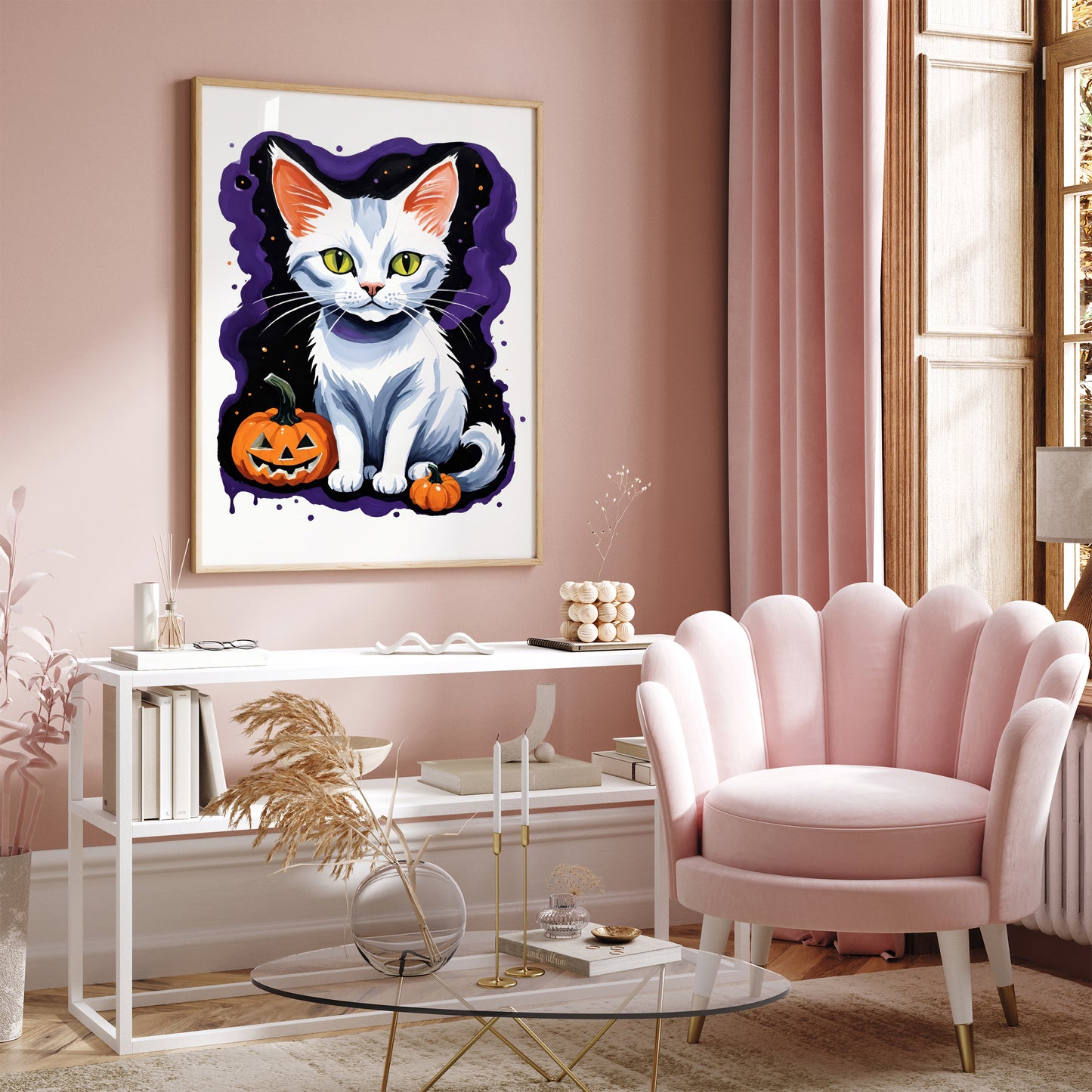 White Cat Halloween Art Print 2025