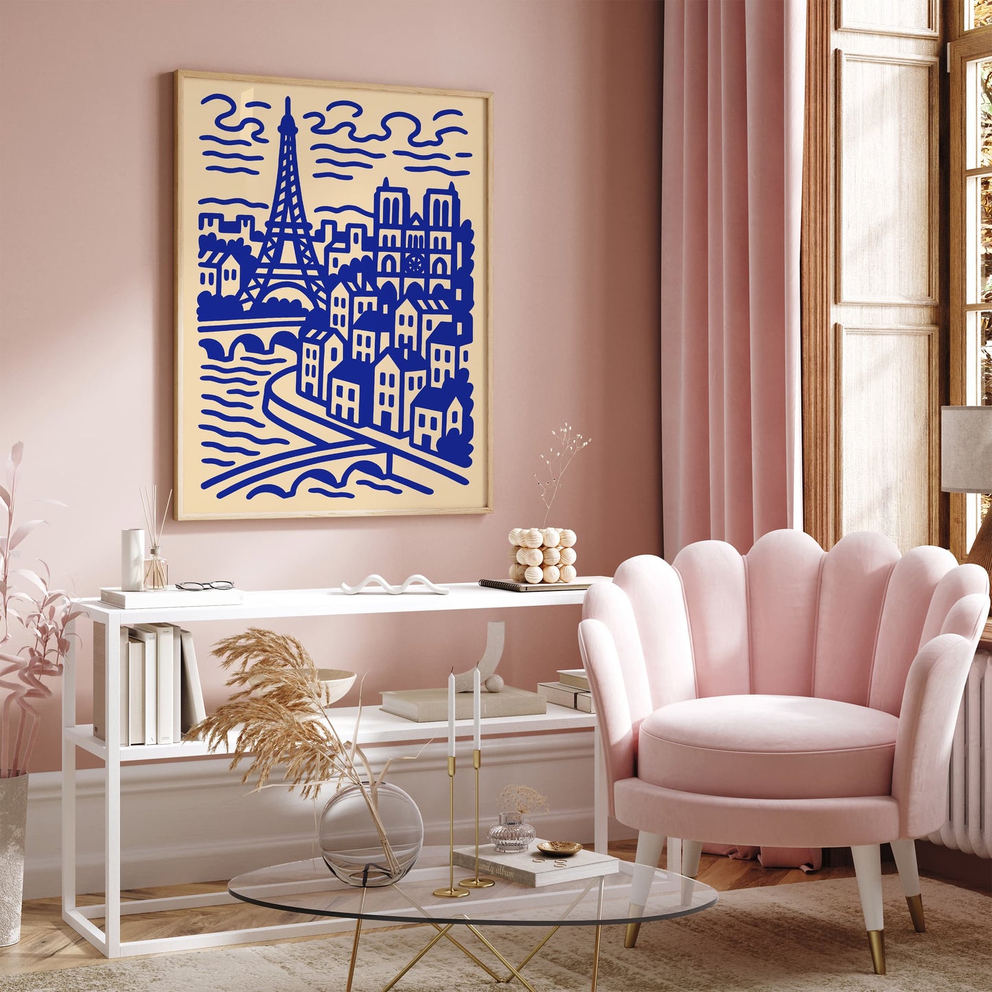 Modern Line Art Paris Cityscape Blue Poster