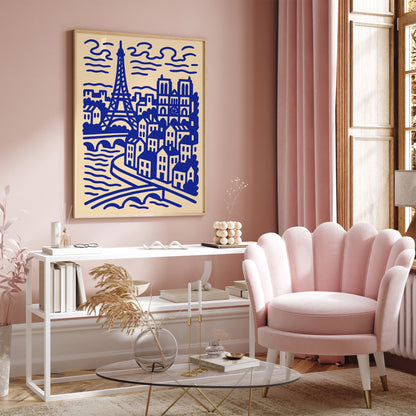Modern Line Art Paris Cityscape Blue Poster
