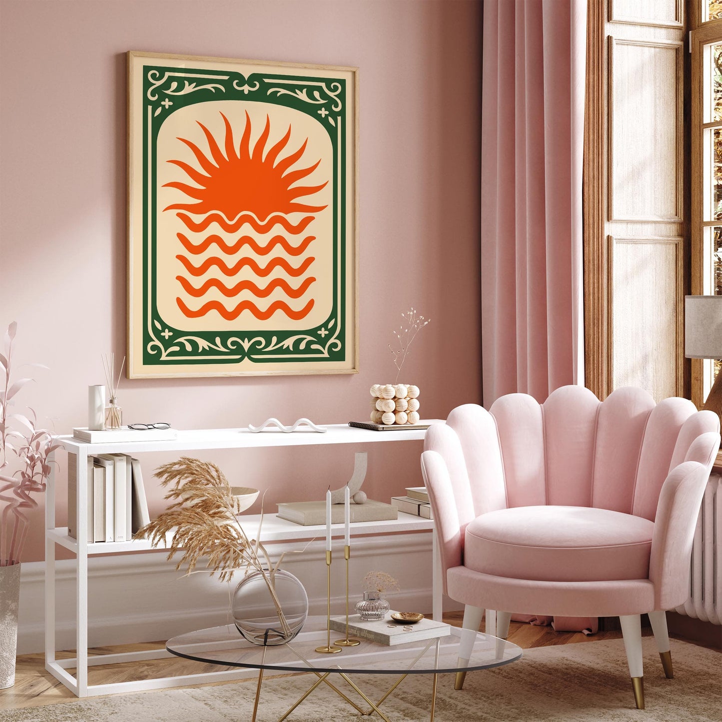 Orange Sun Poster - Green Frame Abstract Wall Art