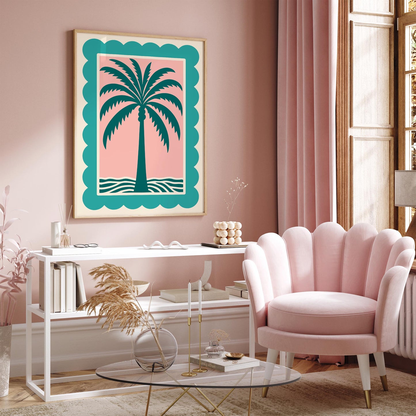 Palm Tree Pink Teal Poster - Retro Tropical Beach Wall Art