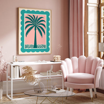 Palm Tree Pink Teal Poster - Retro Tropical Beach Wall Art