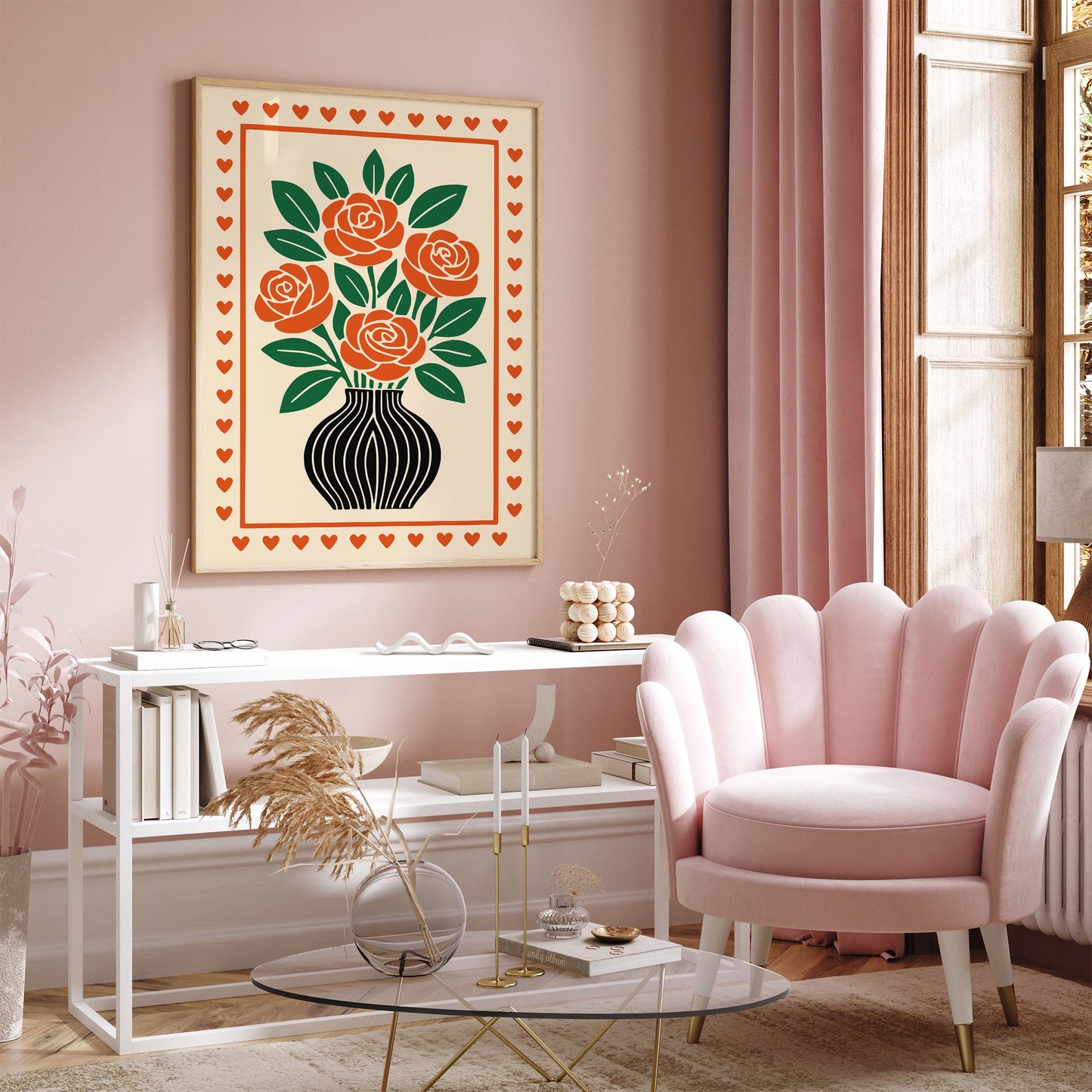 Red Roses Poster - Retro Flowers in Vase Print