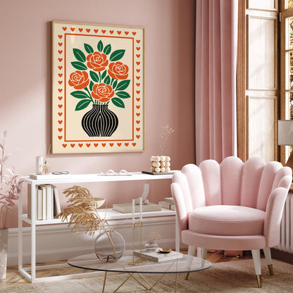 Red Roses Poster - Retro Flowers in Vase Print