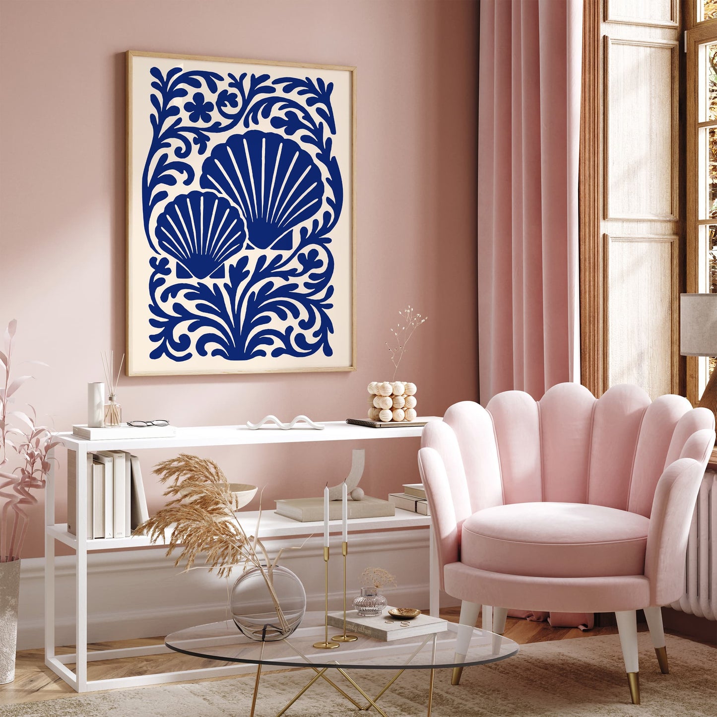 Blue Seashells Poster - Rococo Floral Ornament Wall Art