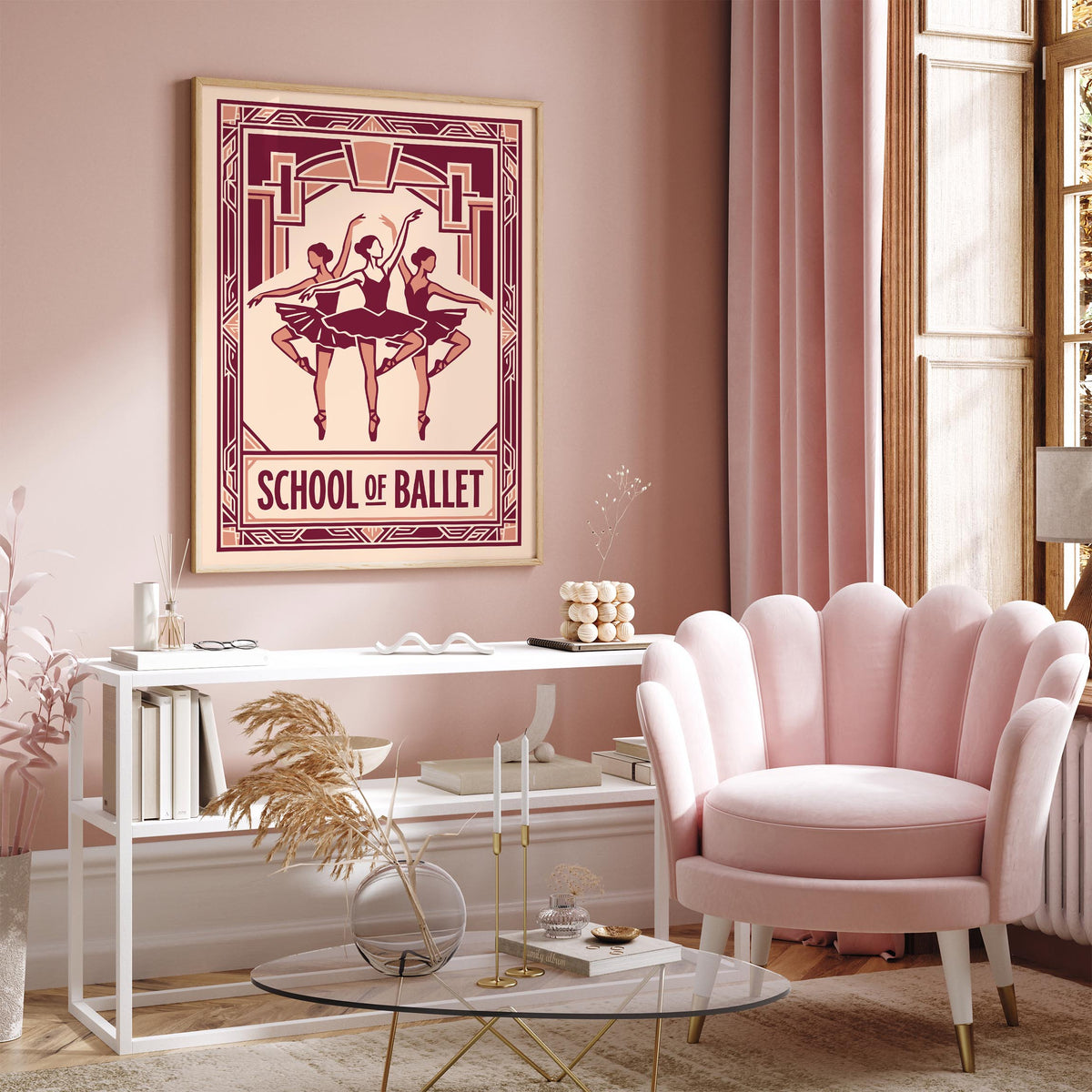Retro Pink Ballet School Art Deco Poster