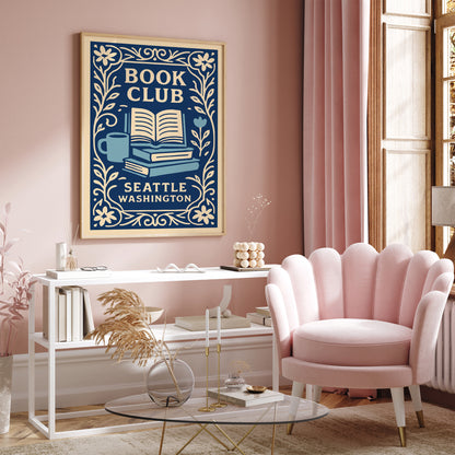 Book Club Seattle Washington Poster - Blue Literary Wall Art Print