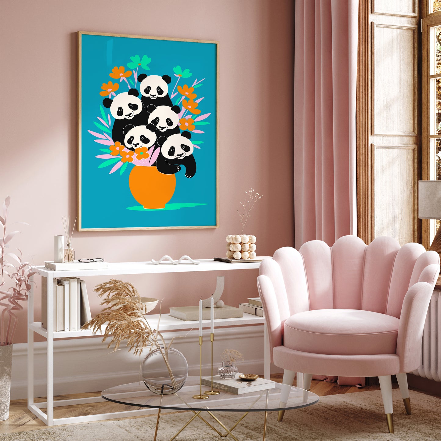 Funny Panda Flowers Kids Room Decor Print