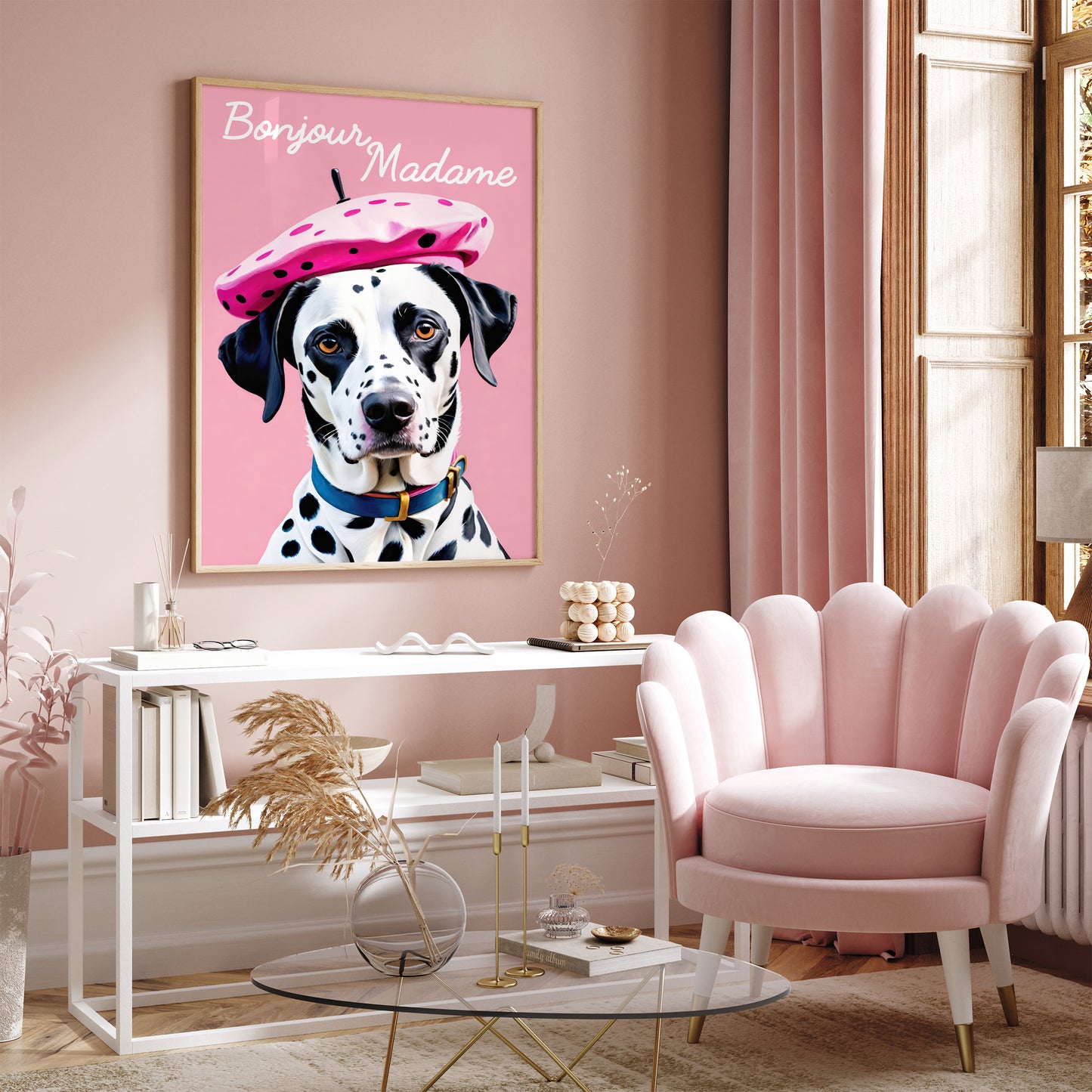 Bonjour Madame - French Dalmatian Dog Pink Art Print