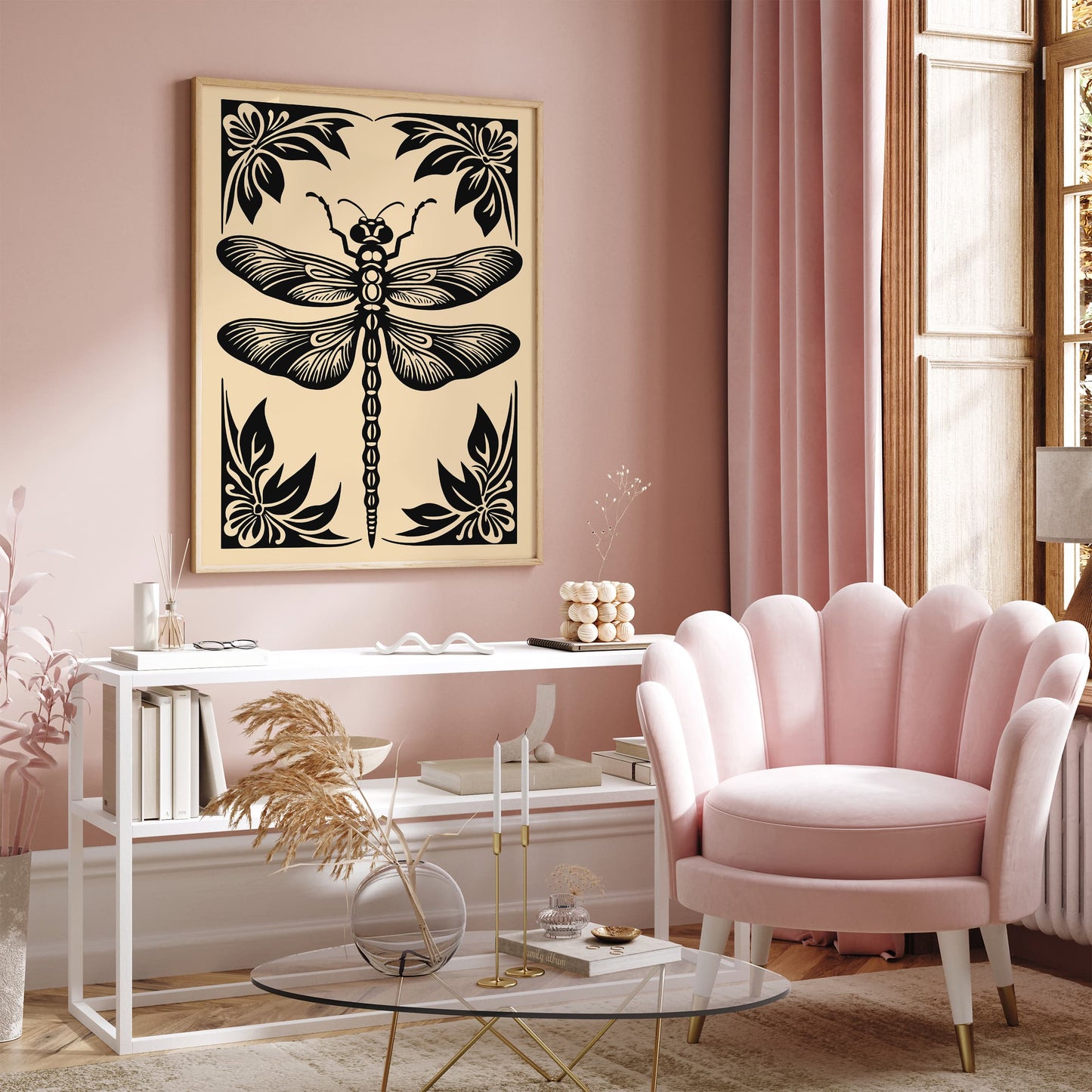 Rustic Black Dragonfly Illustration Print