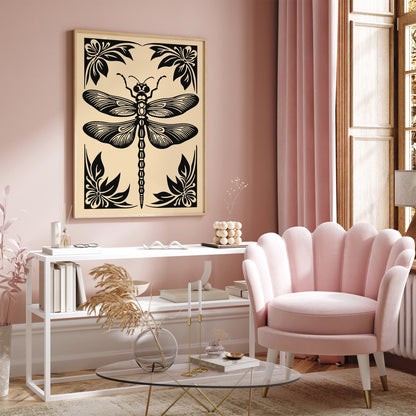 Rustic Black Dragonfly Illustration Print