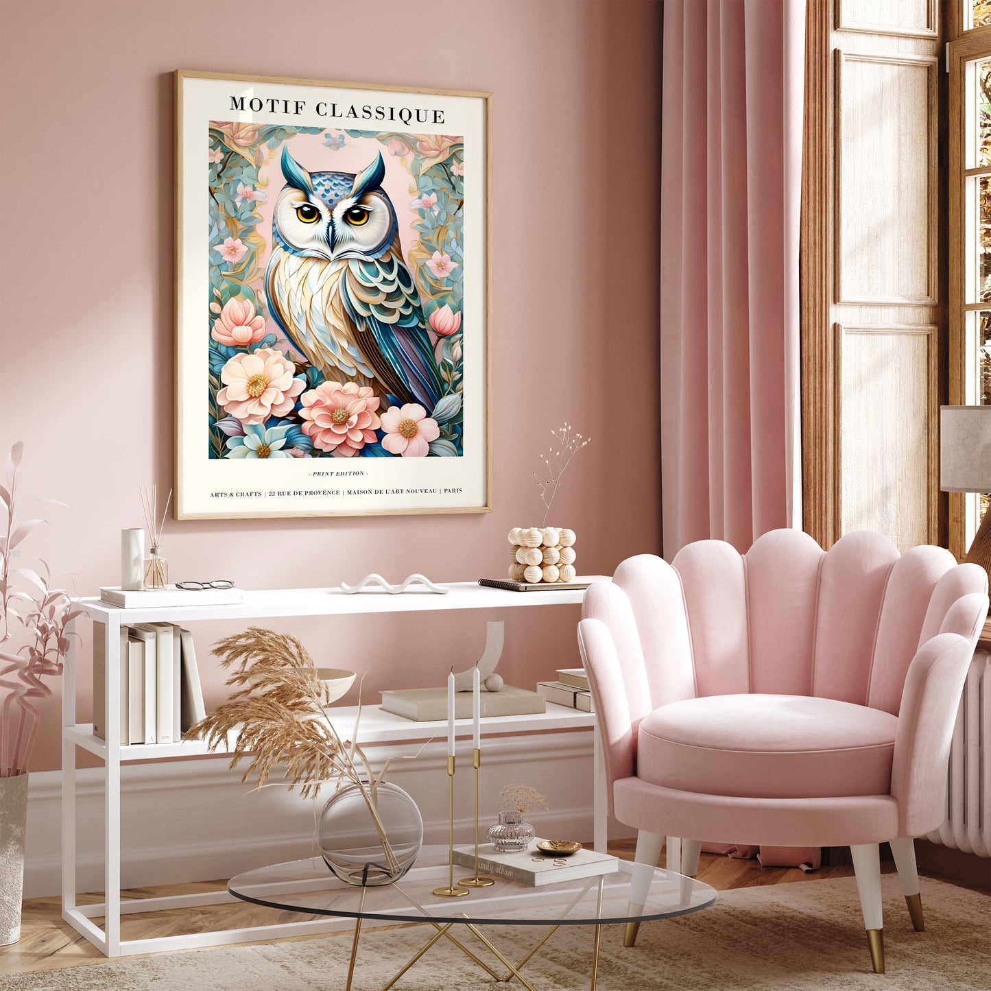 Elegant French Motif Owl & Floral Art Print