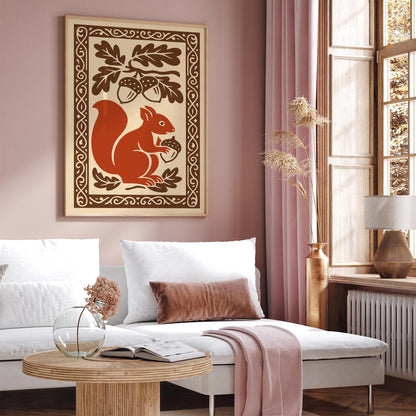 Autumn Squirrel Folk Art Print - Fall Woodcut Style Wall Decor Poster