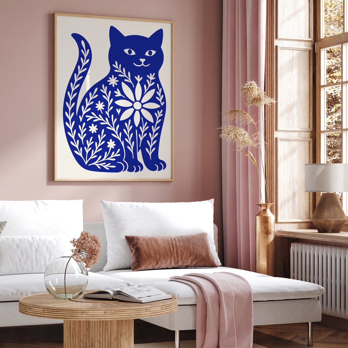 Cute Blue Cat with Floral Pattern Poster