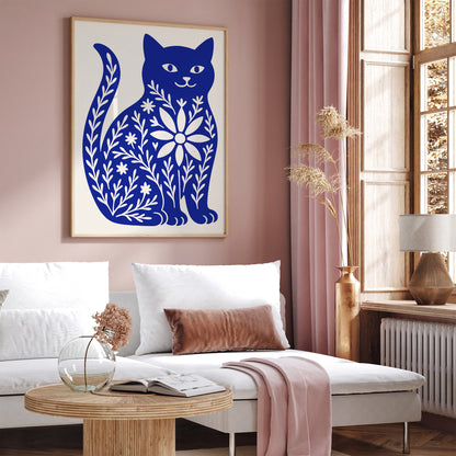 Cute Blue Cat with Floral Pattern Poster