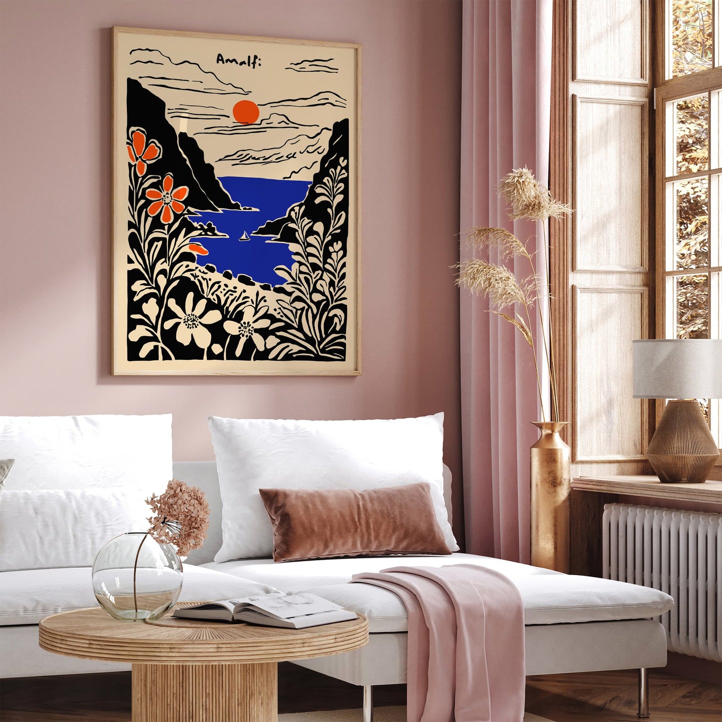 Amalfi Black Ink Style Landscape Art Print