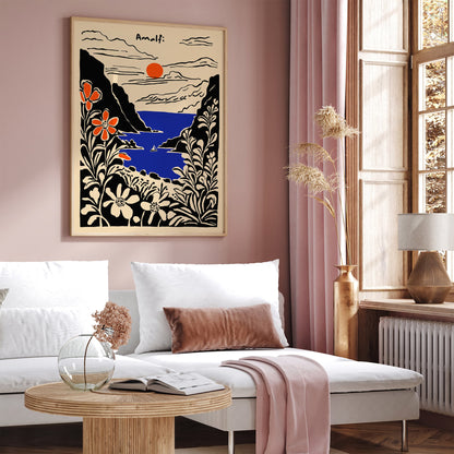 Amalfi Black Ink Style Landscape Art Print