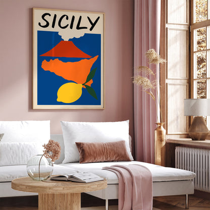 Sicily Map Poster - Colorful Italy Etna Volcano Lemon Print