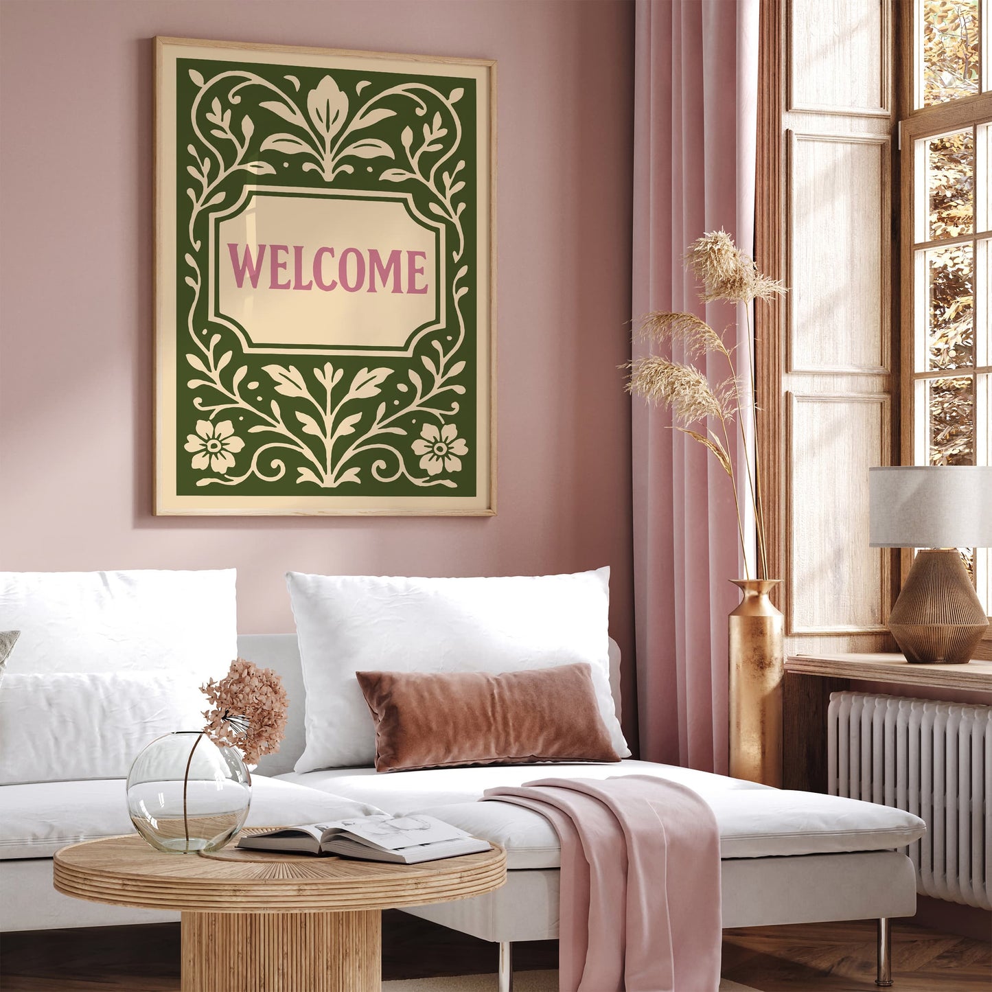 Green Welcome Sign Art Print in Floral Botanical Rococo Style