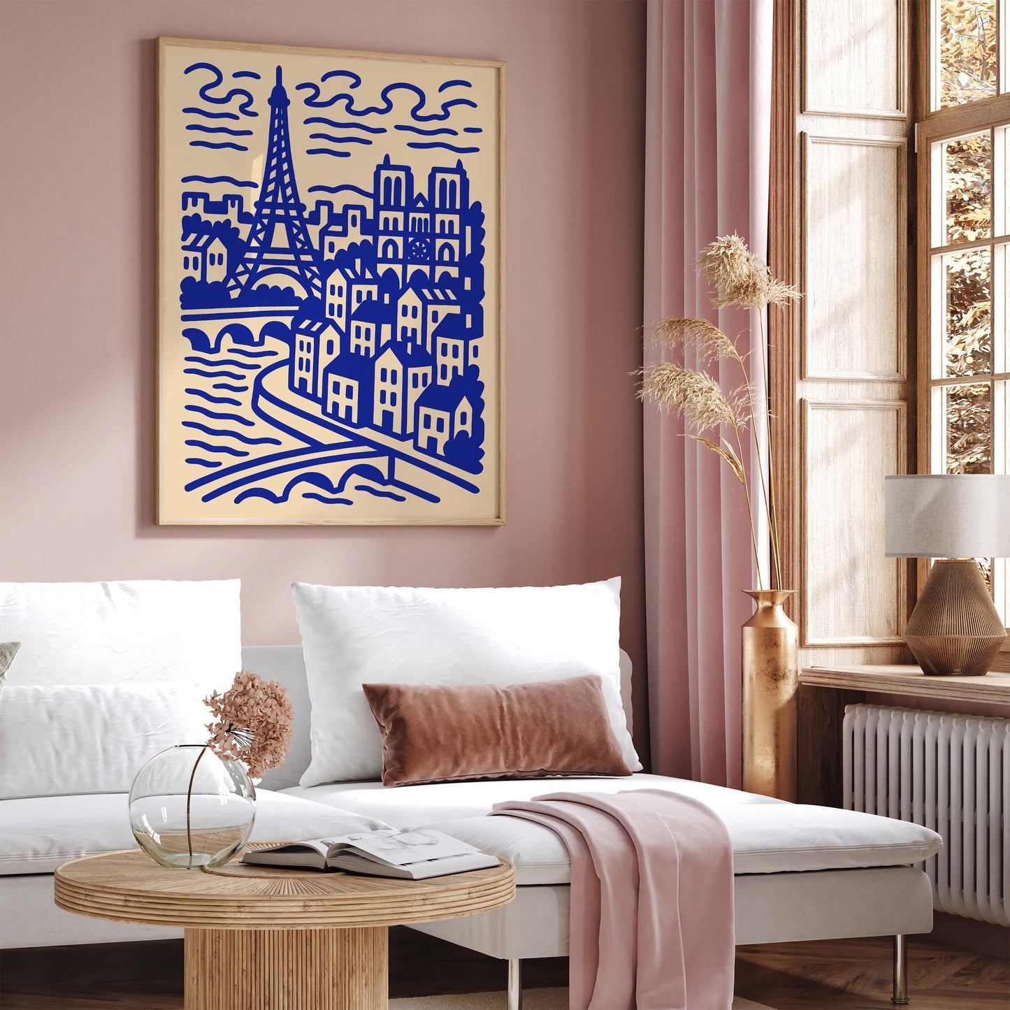 Modern Line Art Paris Cityscape Blue Poster