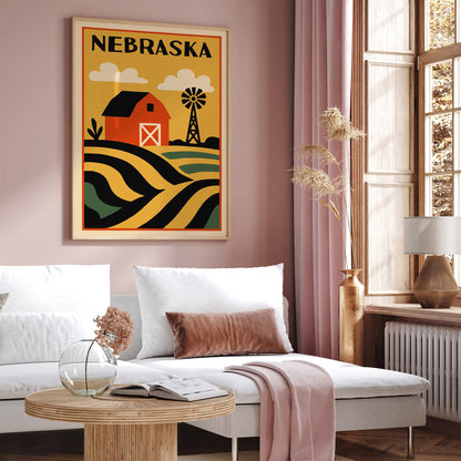 Nebraska State Retro Travel Poster