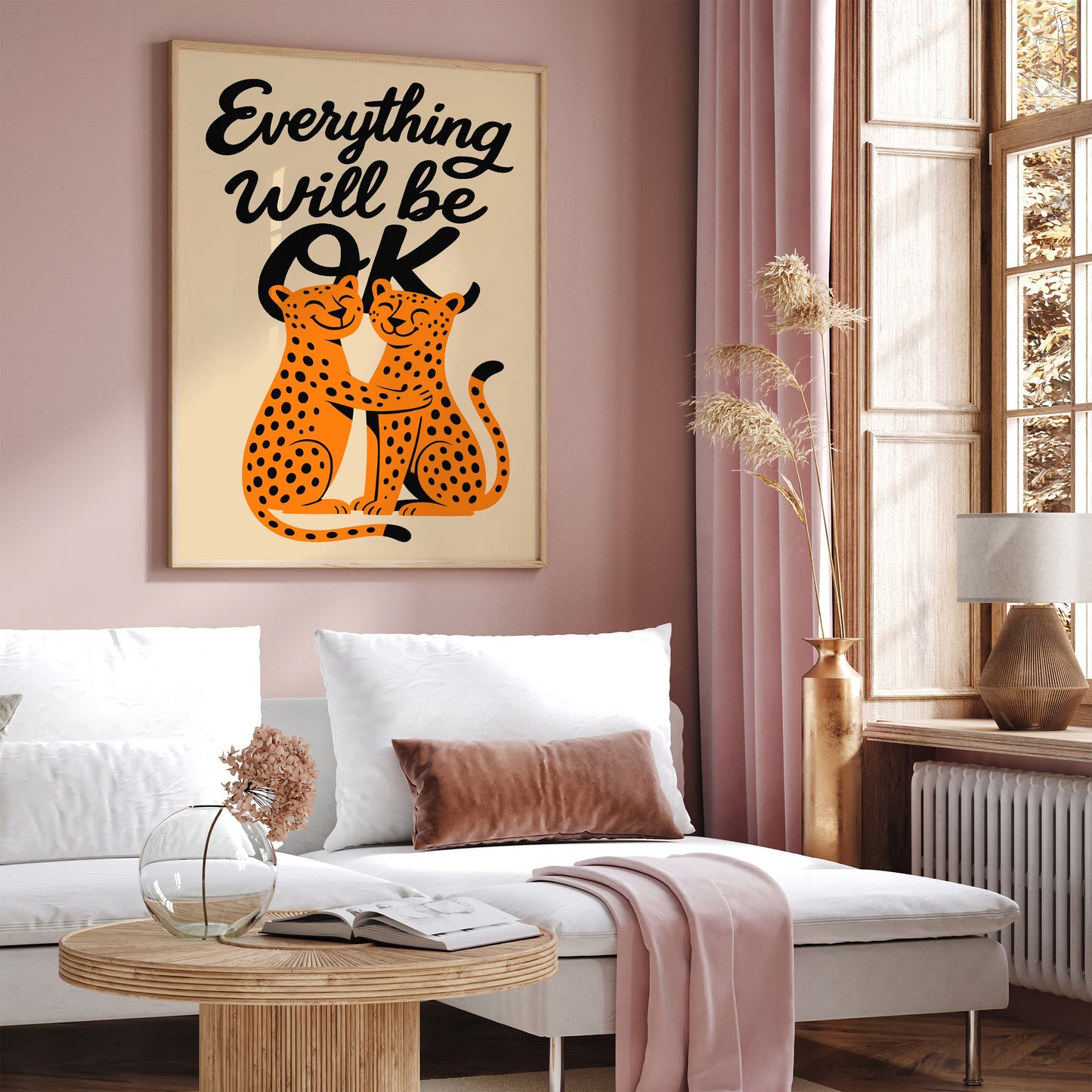 "Everything Will Be OK" Cheetah Hug Poster - Whimsical Retro Wall Art
