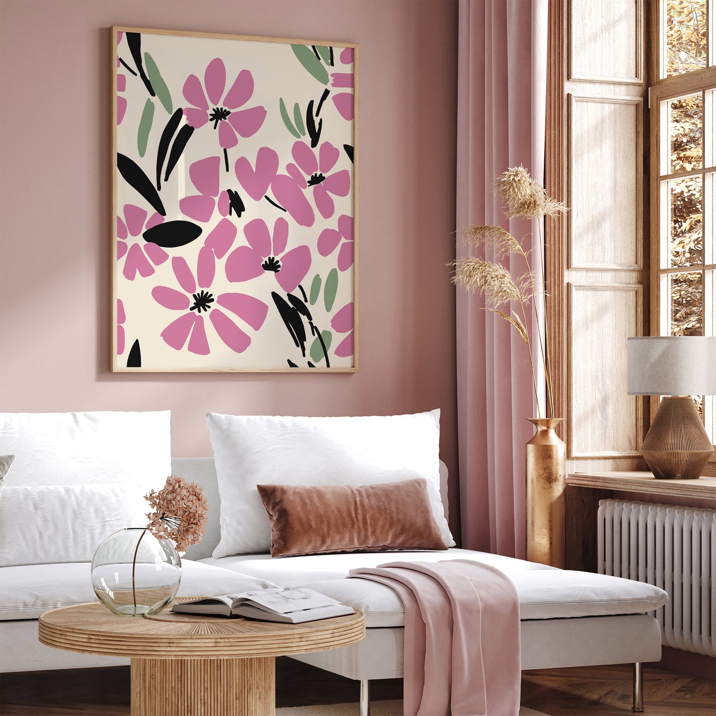 Pink Flowers Living Room Wall Decor