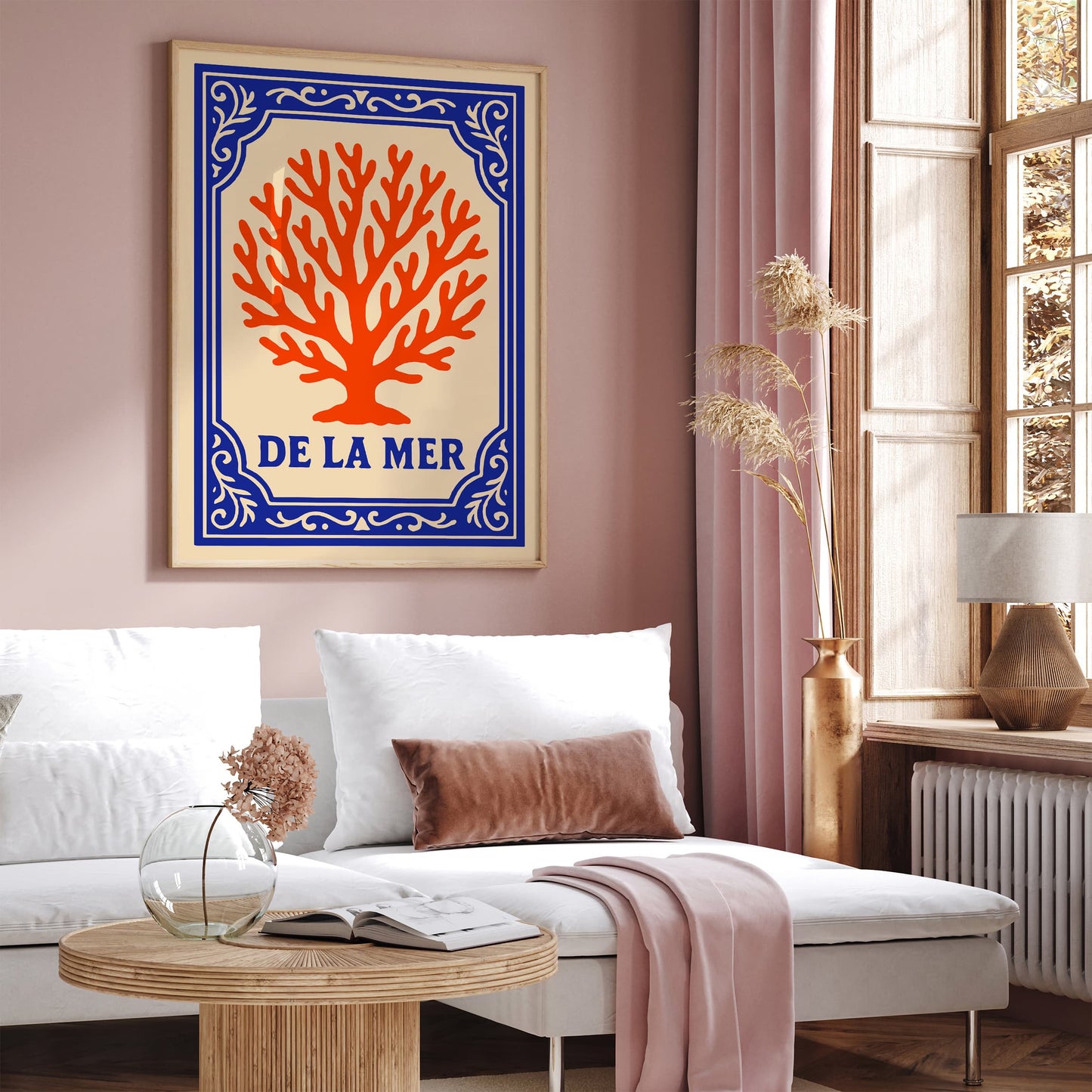 De La Mer Poster - Blue & Coral Orange Nautical Art Print