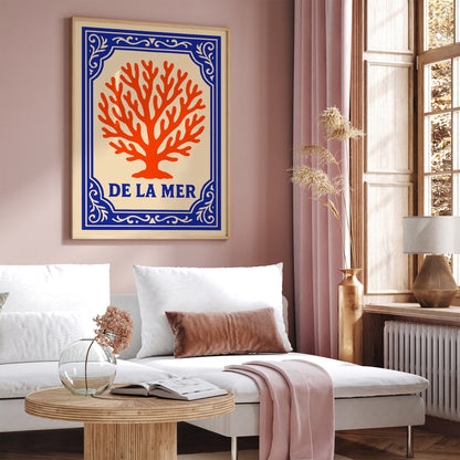 De La Mer Poster - Blue & Coral Orange Nautical Art Print