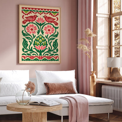 Talavera Artichoke & Birds Poster – Mexican Folk Art