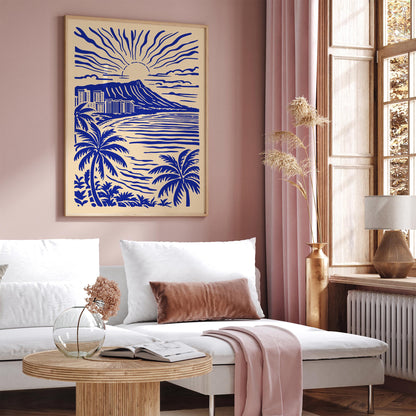 Honolulu Blue Tropical Landscape Poster
