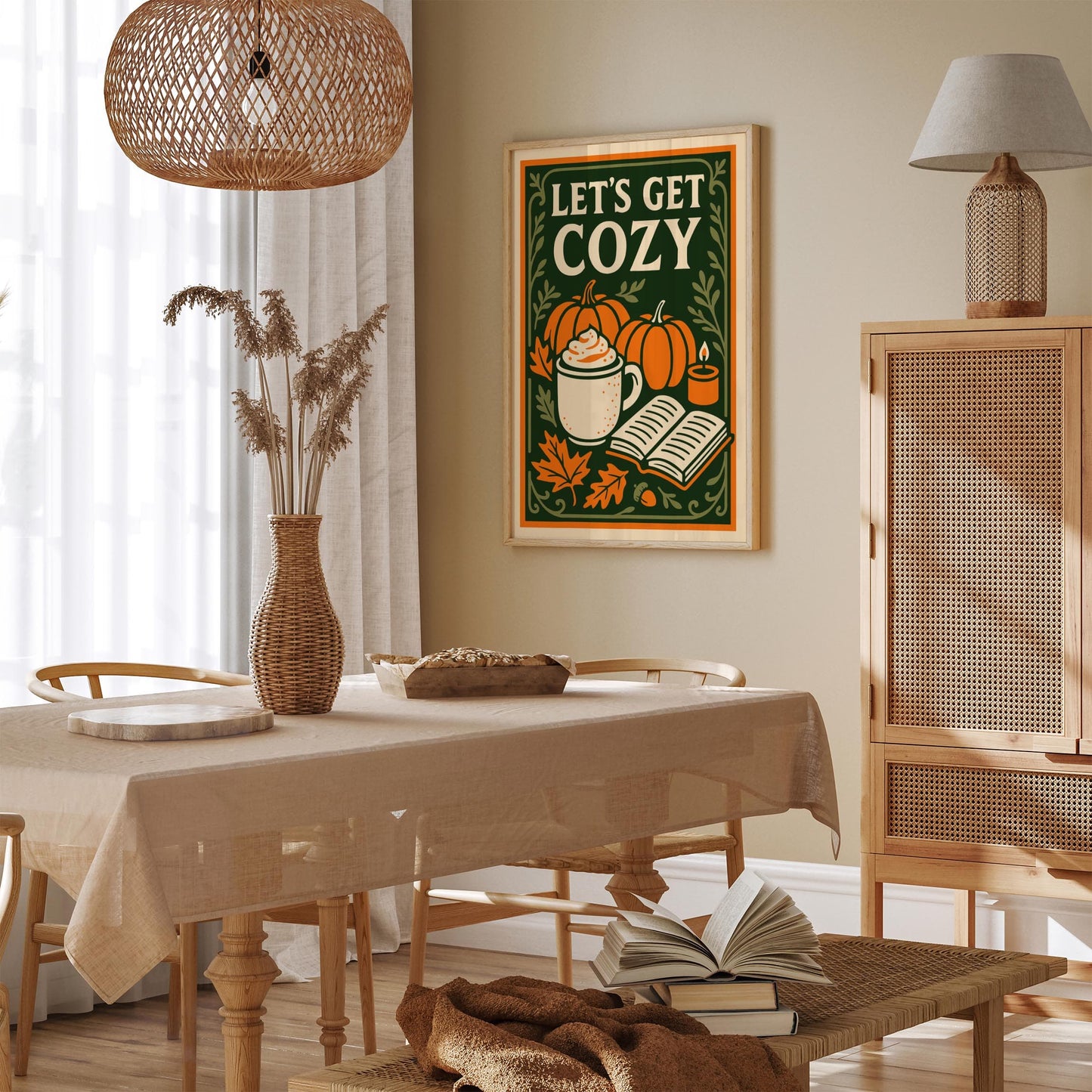 Lets Get Cozy Poster - Autumn Pumpkin, Spice Latte, Book Art Print