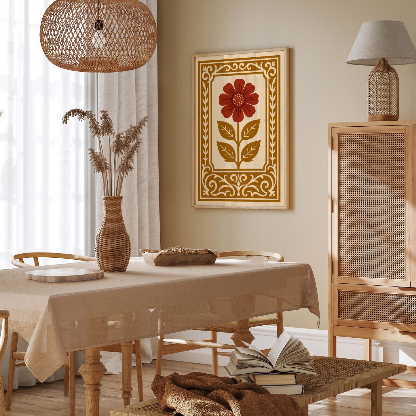 Mustard Yellow and Red Rococo Flower Poster