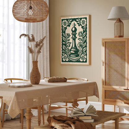Green Linocut Chess Piece Poster