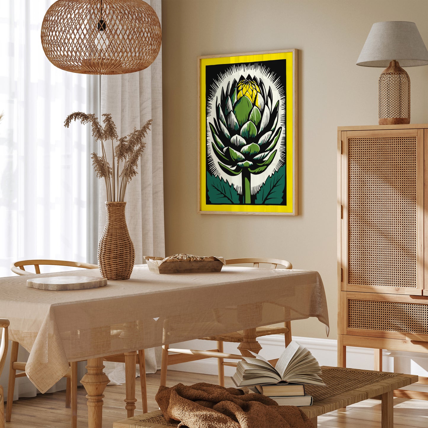 Vintage Artichoke Linocut Yellow Poster