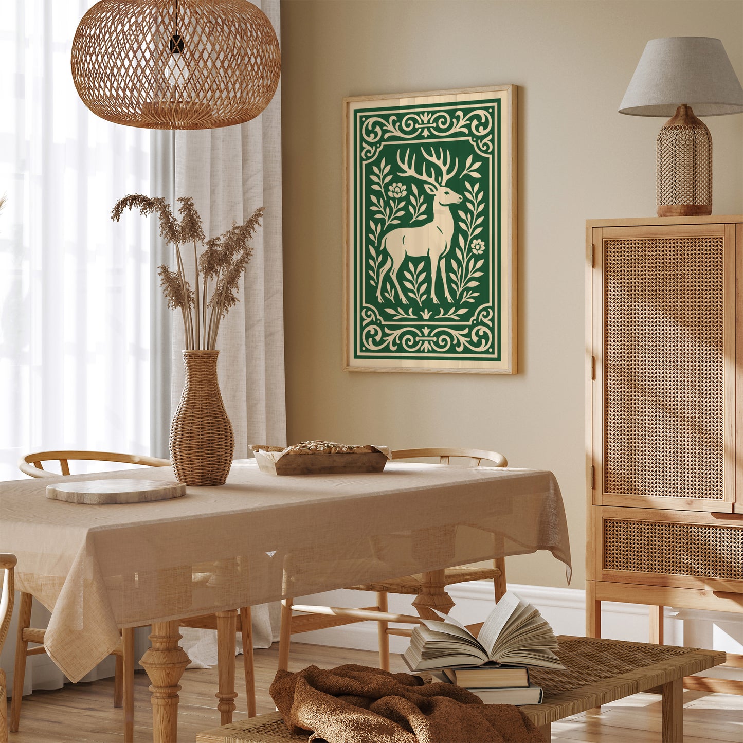 Green Linocut of Deer Poster